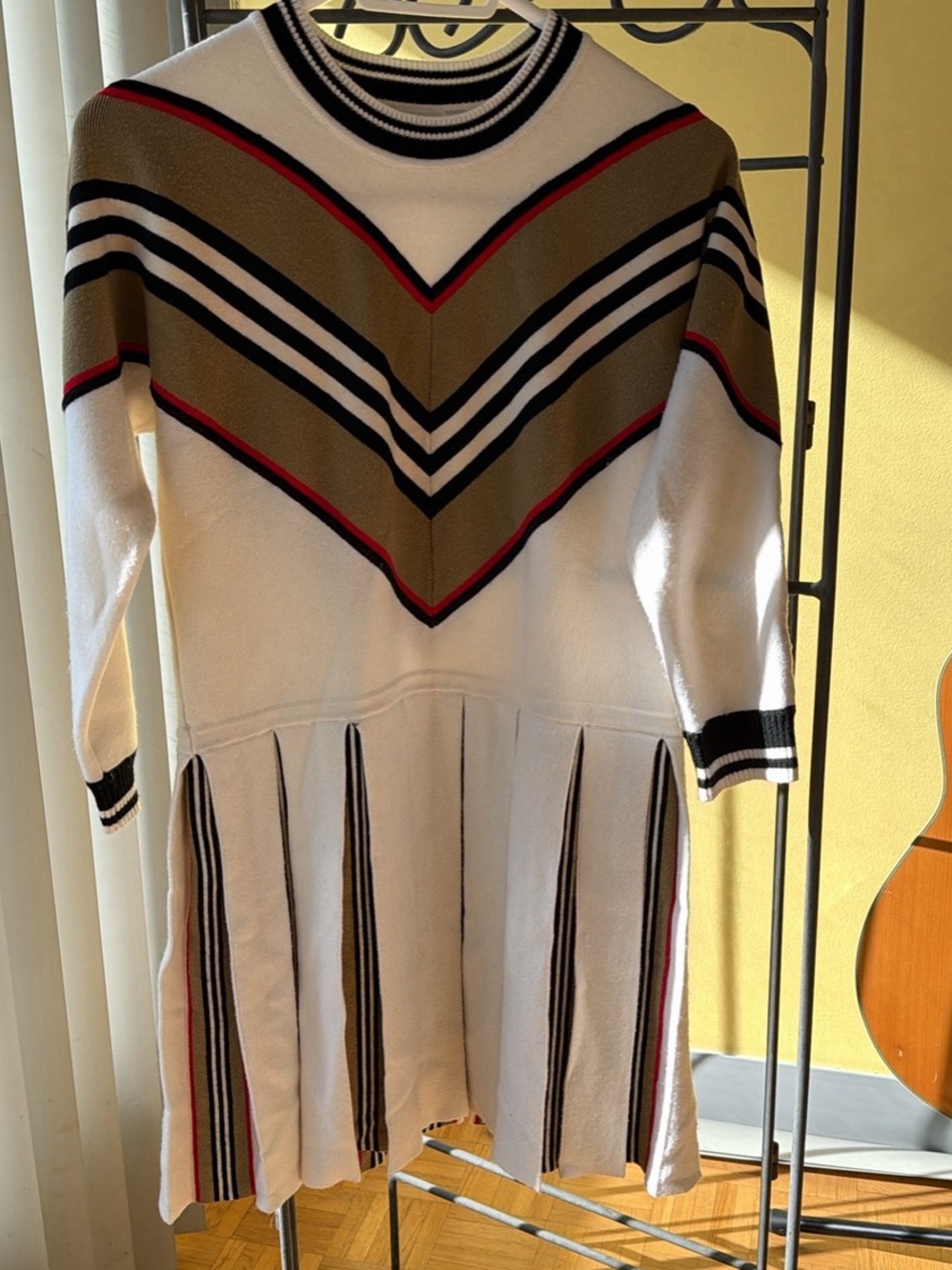 Burberry White Knit Long-Sleeve Dress with Olive, Black and Red Chevron